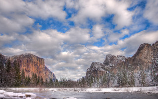 River snow mountains clouds trees - a matte painting free wallpaper