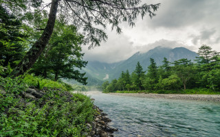 Lush river forest mountains cloudy - river free wallpaper