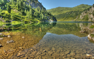 Lake mountains trees sky rocks 4 - a clear sky above free wallpaper