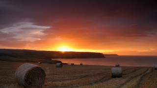 Sunset field hay bales lighthouse - a sunset over a field free wallpaper
