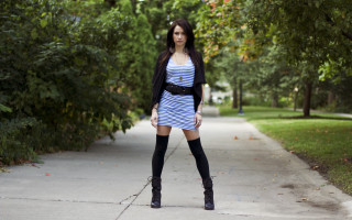 Woman striped dress black boots - a sidewalk free wallpaper