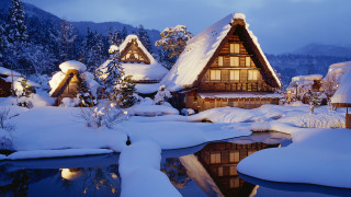 Snowy village night pond houses - the snow free wallpaper