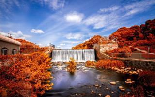 River waterfall autumn trees rocks - impressionist free wallpaper