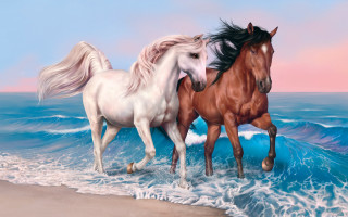 Horses beach ocean waves pink - digital painting free wallpaper