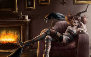 Gothic fantasy woman crow fireplace - a storybook illustration free wallpaper for desktop