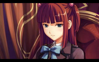Anime girl red hair bow - a curtain behind her free wallpaper