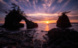 Sunset bridge water rocks trees - sunset free wallpaper