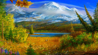 Mountain lake trees bird autumn - a painting of a mountain free wallpaper