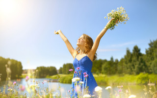 Woman blue dress flowers sky - evaline ness free wallpaper