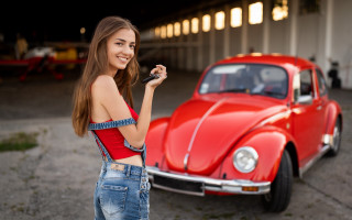 Eszter mattioni red car smiling - synchromism free wallpaper for desktop