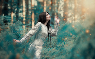 Woman white dress woods blue - magical free wallpaper for desktop