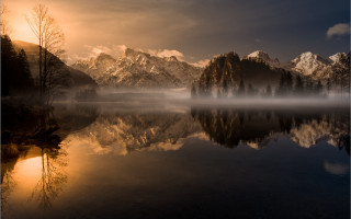 Mountain reflection lake sunset fog - reflective free wallpaper