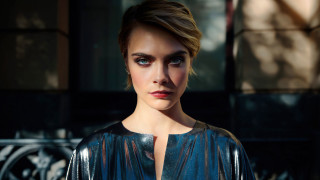 Blonde woman blue dress building - a black top free wallpaper