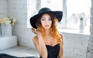 Redhair blackhat blackdress portrait fashion - a white room free wallpaper