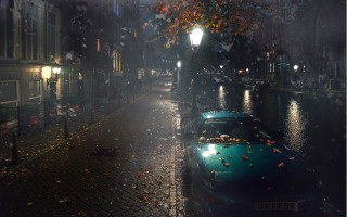 Wet street night car lights - a street light in the background free wallpaper