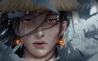 Woman strawhat orangeeyes rain tears - art station free wallpaper