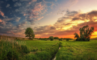 Grassy field stream sunset clouds - a stream free wallpaper
