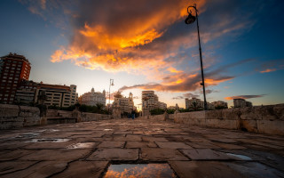 Clouds puddle cityscape bridge fire - a sky free wallpaper