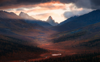 Mountain river forest sunset sky - a mountain range free wallpaper for desktop