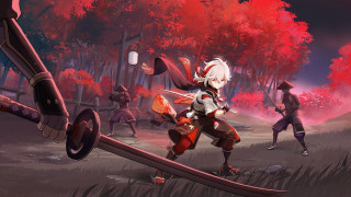 Woman red sword forest autumn - other person free wallpaper