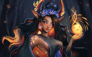 Horned woman fantasy forest fire - art station free wallpaper