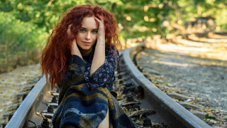 Red haired woman train track 2 - anna hotchkis free wallpaper