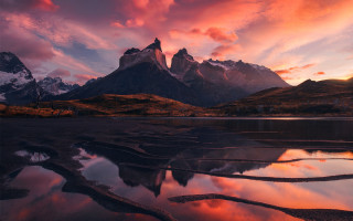 Mountain lake sunset pink clouds 3 - a pink sky free wallpaper