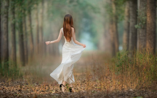 Woman white dress forest path - an impressionist painting free wallpaper for desktop