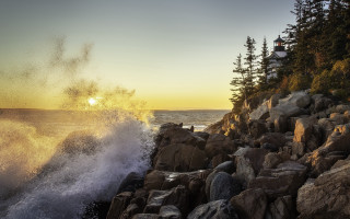 Wave rocky shore sunset lighthouse - the cliff free wallpaper
