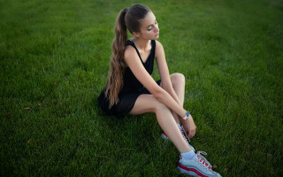 Girl sitting on grass nature - elina karimova free wallpaper