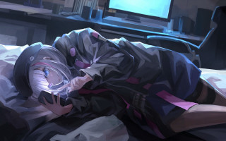 Person lying bed helmet tv - text free wallpaper