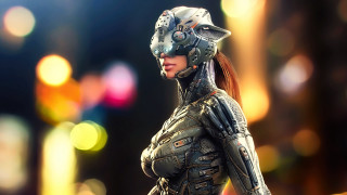 Futuristic woman cyberpunk helmet gun 2 - cybernetic free wallpaper