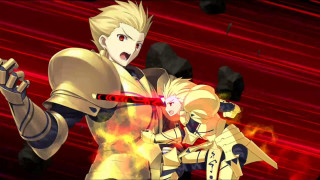 Anime couple characters red background - official art free wallpaper for desktop
