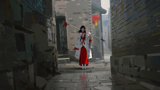 Woman red white hakama shrine - art greg rutkowski free wallpaper