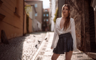Woman cobblestone street white blouse - neoromanticism free wallpaper