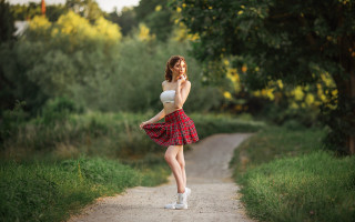 Woman red white dress cell - a dirt road free wallpaper