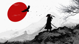Hill red sun bird ukiyo - ukiyoe free wallpaper
