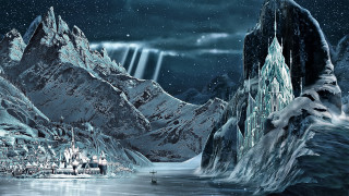 Mountain town waterfall boat foreground - the water and a boat in the foreground free wallpaper