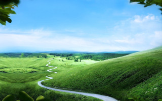 Winding road green valley blue 2 - road free wallpaper