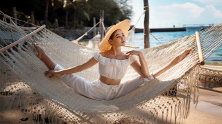 Hammock beach woman strawhat relaxing - full free wallpaper