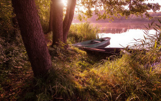Lake shore boat autumn leaves - tranquil free wallpaper