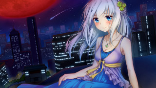 Red moon girl roof city - a roof free wallpaper