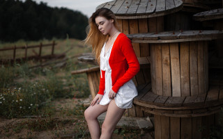 Woman red white dress wooden - anka zhuravleva free wallpaper