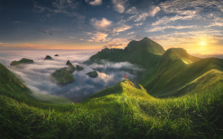 Mountain lake hill clouds nature - low free wallpaper