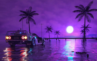 Flooded parking lot car night - outrun free wallpaper
