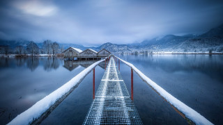 Dock snowy lake houses mountains - house free wallpaper