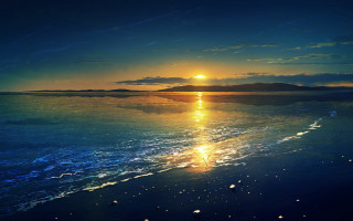 Sunset ocean boat mountain city 2 - a bright sun free wallpaper