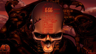 Skull clock red background timepiece - biomechanical free wallpaper