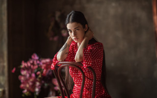 Woman red dress chair flower - elina karimova free wallpaper for desktop