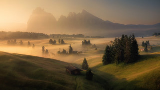 Foggy valley cabin mountains trees - small free wallpaper